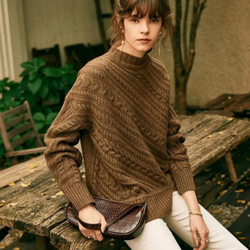 

Korean Wool Sweater Female Half-high Collar Oblique Twisted Loose Lazy Wind Turtleneck Bottoming Women Knitted Pullover YL388
