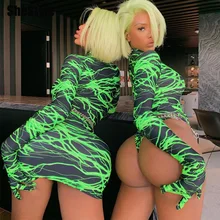 Shestyle Neon Lightning Print Gloves Bodysuit Women Long Sleeve Autumn Winter Sexy Lady Body Suit Green Halloween Clothes