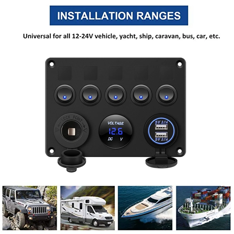  5 Gang Switch Panel 12V/24V Digital Voltmeter Rocker Switch Blue LED Light with Cigarette Lighter D