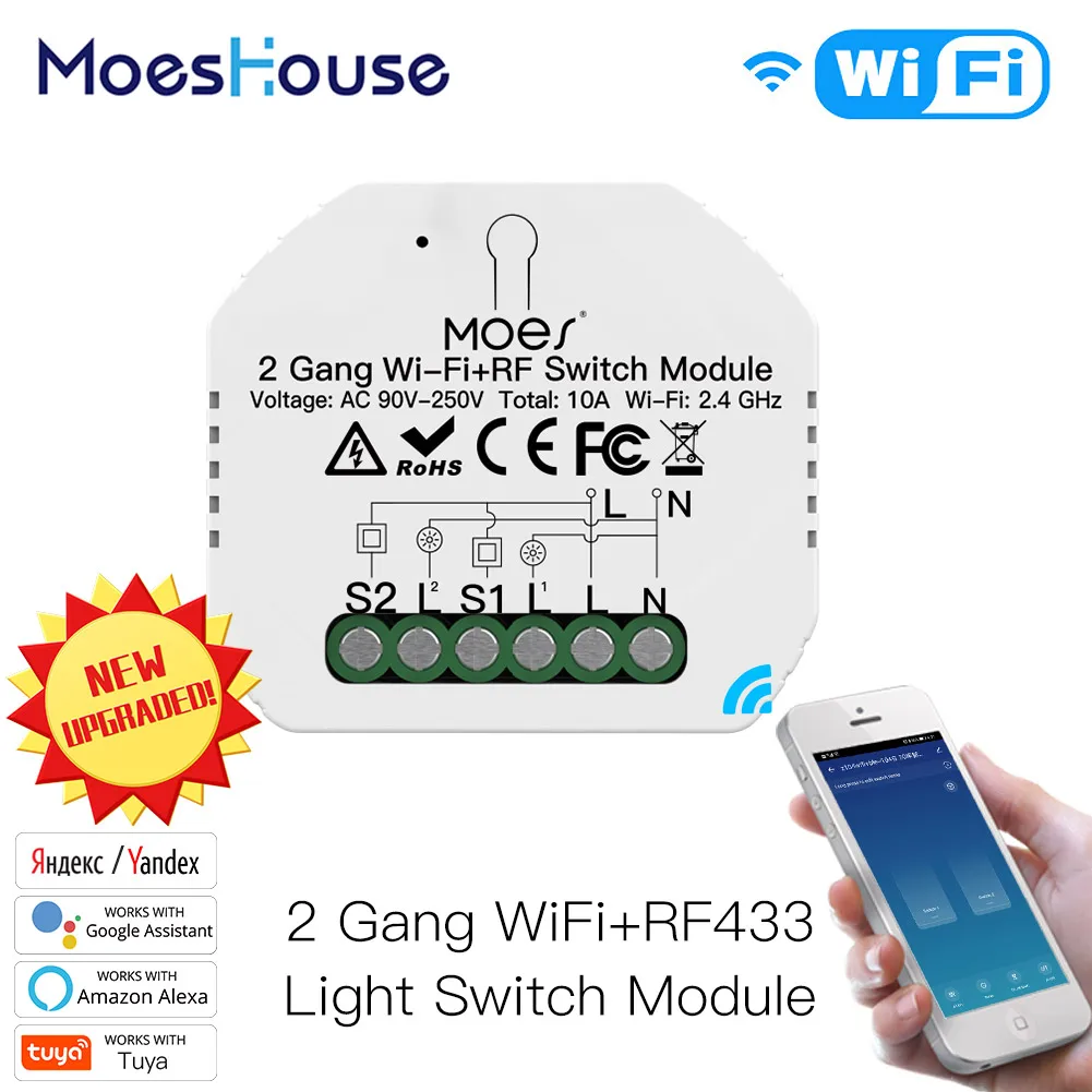 2 Gang DIY Smart WiFi RF433 Switch Module Smart Life/Tuya APP RF Remote ControlWorks with Alexa Google Home 1/2 Way