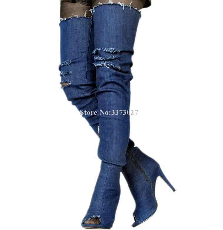 Mono Talentoso familia Botas altas hasta el muslo de tela vaquera para mujer, botines largos por  encima de la rodilla con tacón de aguja y agujero roto, Sexy, azul, novedad| Botas sobre la rodilla| - AliExpress