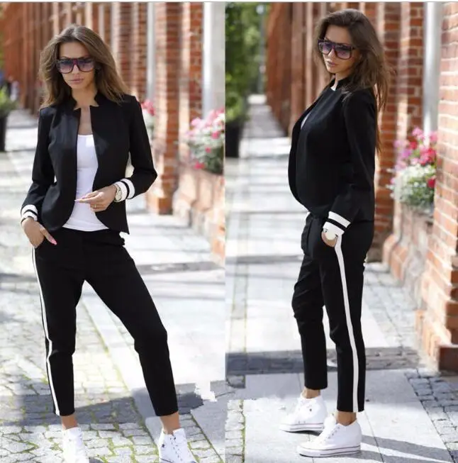 

2019 autumn Fashion women Pant suits Russia Style Black Long sleeve Black Formal Interview OL ladies winter set women