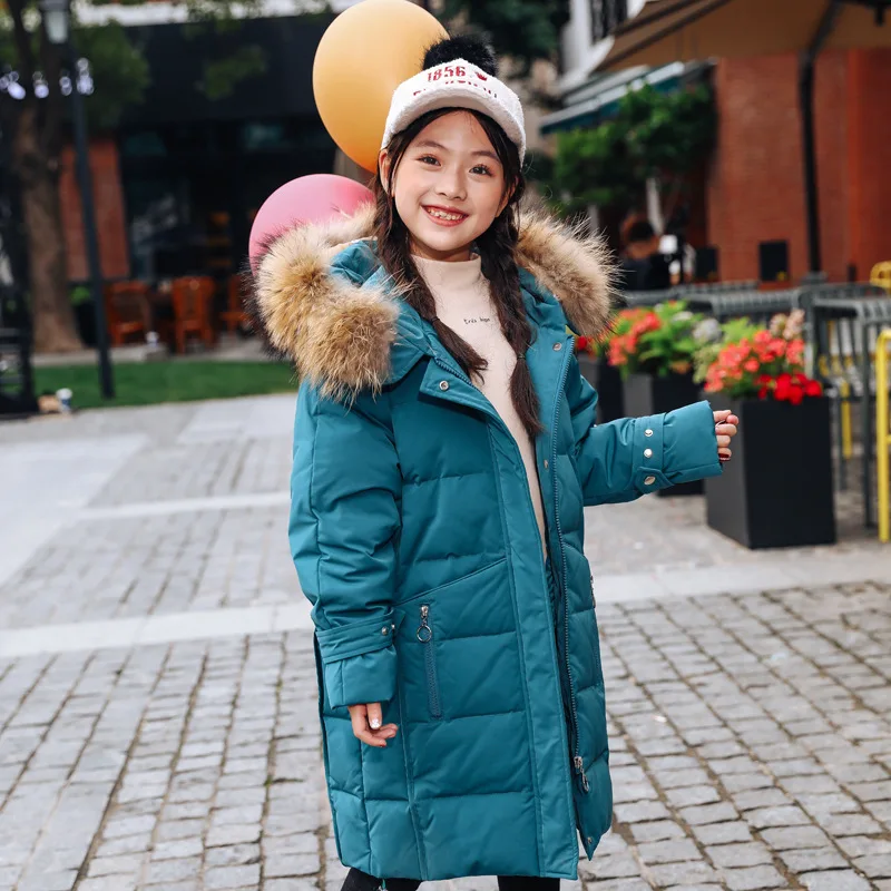 

Long section cyan Coat/Jacket for Teens Girls Top Clothes Filling with Down Parkas Infant Kids Coat Winter Outwear Real Hair