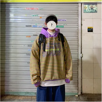 

2019 Autumn And Winter New Youth Fashion Plus Velvet Thick Stripe Hooded Sweatshirt Fashion Casual Loose Pullover M-XL