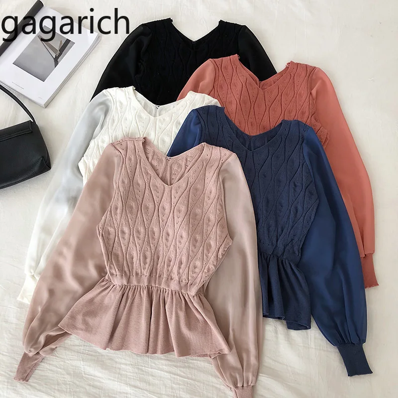 

Gagarich Women Pullovers Autumn Winter 2019 New Korean V-neck Waist Knitted Diamond Splicing Chiffon Long Sleeve Pullovers
