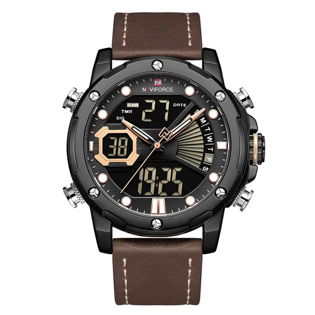 brown black yellow NAVIFORCE мужские часы Топ люксовый бренд Модные кварцевые мужские наручные часы водонепроницаемые кожаные Цифровые мужские часы Relogio Masculino - Цвет: brown black yellow