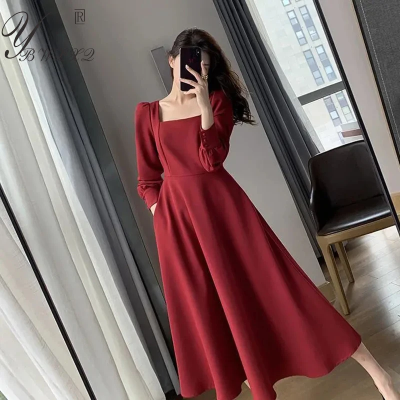 

Plus Size Vintage French Style Square Collar Dress Women Autumn Winter Solid Color A-Line Long Sleeve Fashion Party Dresses