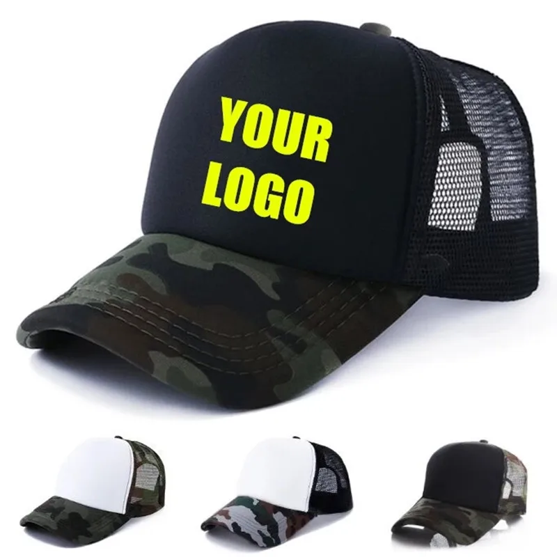 

100% Acrylic Custom Logo Camo Baseball Caps DIY Print Logo Snapbacks Hats Adult Summer Camouflage Mesh Net Trucker Hats
