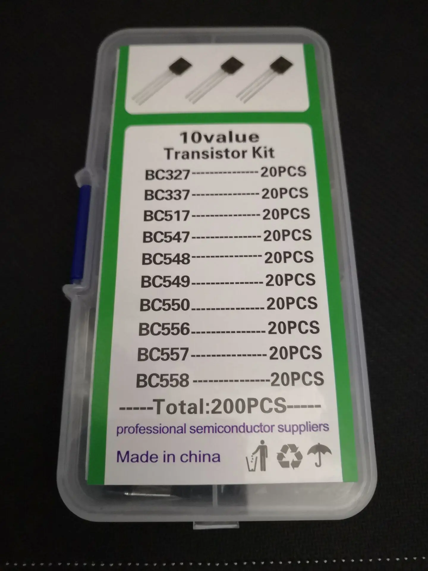 1BOX 200pcs=10 Values*20pcs Transistor Kit Assort Set BC327/BC337/BC517/BC547/BC548/BC549/BC550 BC556/BC557/BC558 Mix Diode Pack
