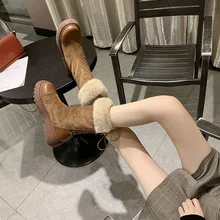 Обувь с круглым носком зимние женские ботинки для снежной погоды; женские ботинки на плоской подошве; женские плюшевые ботинки до середины икры на шнуровке; синтетический материал