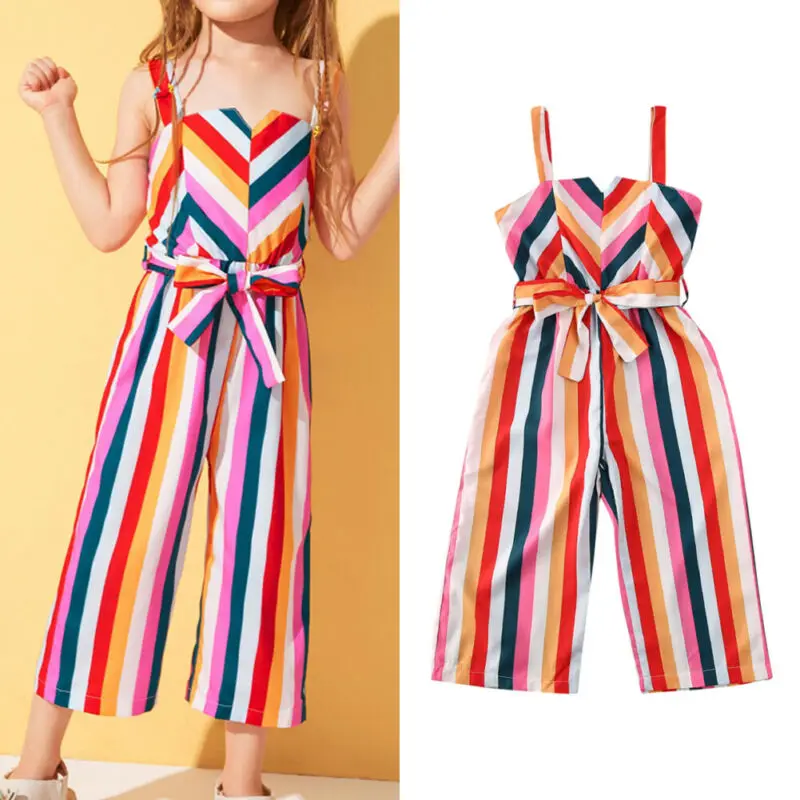 

British Kids Baby Girl Dress Sling Rainbow Striped Sleeveless Jumpsuit Princess Bow Long Pants Formal Cotton Outfits 6M-4Y