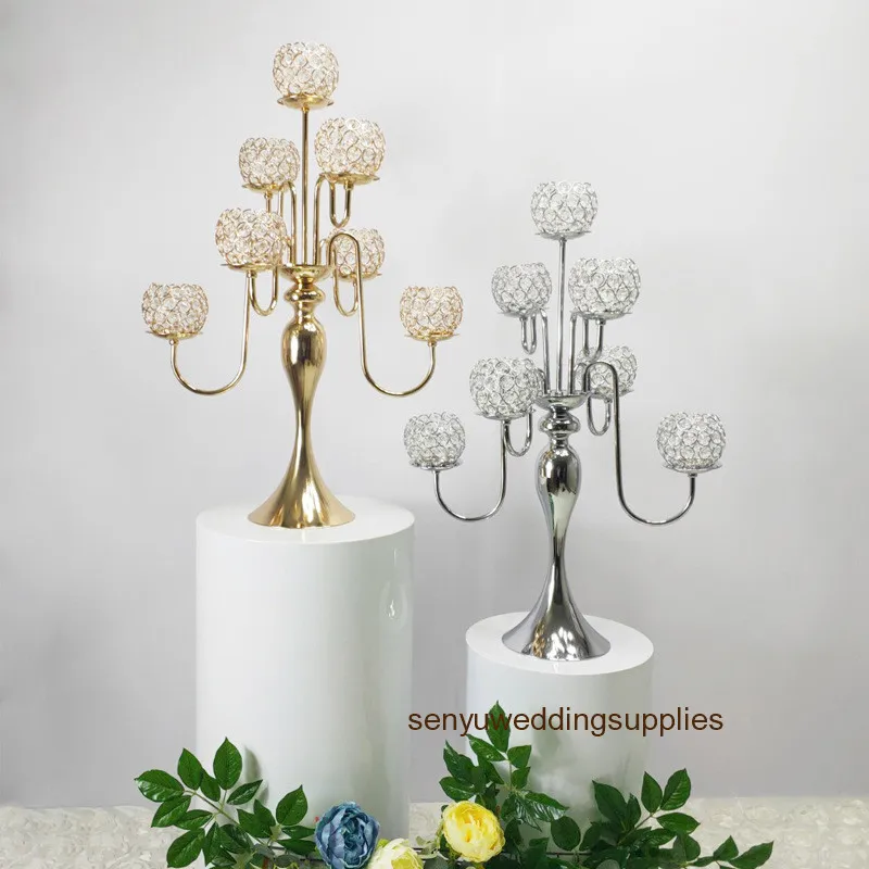 12pcs )New Design Luxe Wedding Centerpiece Crystal 7 Branch Candle Stands for Table Decoration senyu01248