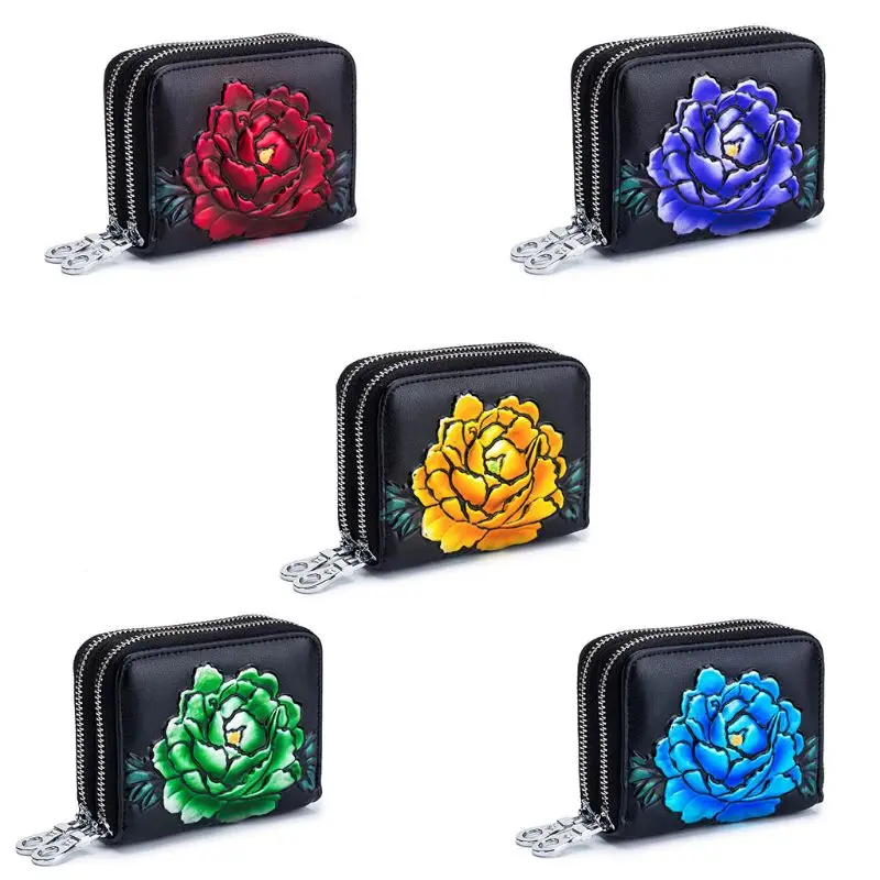 Women Rose Flower PU RFID Blocking Wallet Credit Card Holder Case Zipper Purse