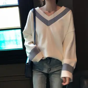 

Women's autumn and winter solid color long-sleeved knitted pullover large size warm cashmere sweater V-neck sweater