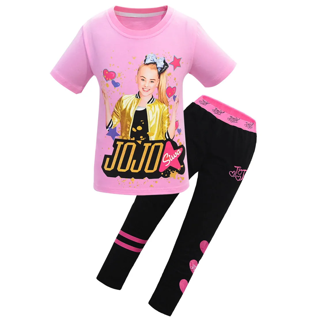 Новинка года; JOJO Siwa; Летние Короткие топы; черные брюки-леггинсы футболка маскарадный костюм для девочек Детский костюм из 2 предметов - Цвет: 8356pink