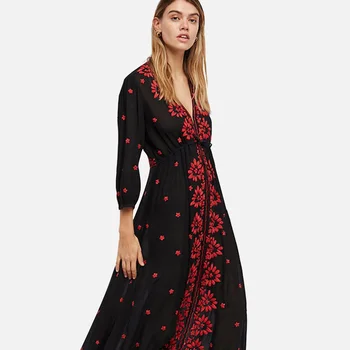 

Jastie Vintage Ethnic Floral Embroidery Midi Dress 2020 Spring 3/4 Sleeve V Neck Sexy Vestidos Beach Casual Boho Women Dresses