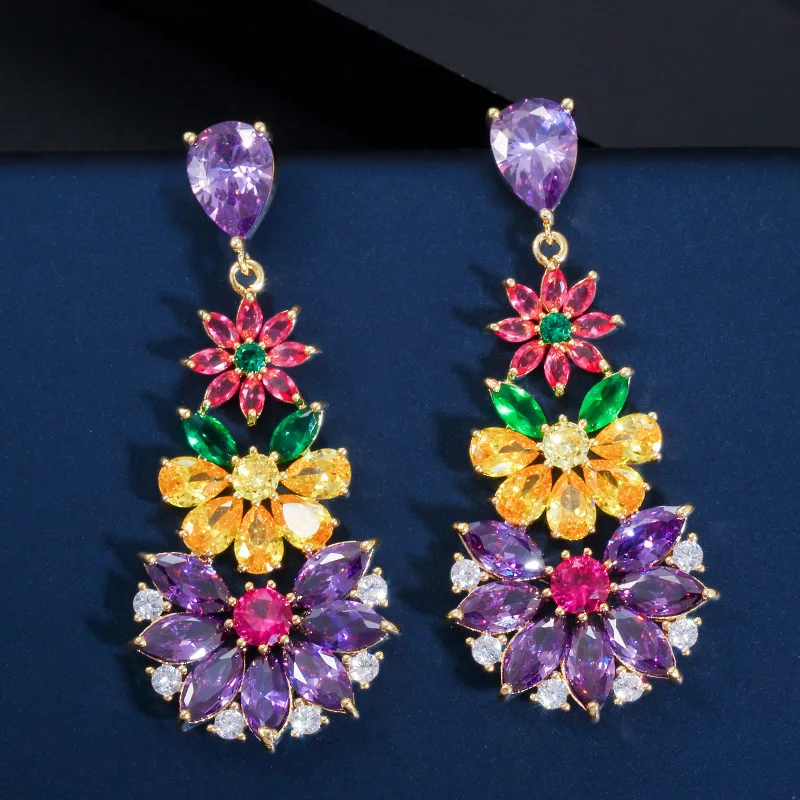 CWWZircons Unique Multicolored Cubic Zirconia Cluster Flower Dangle Drop Earrings for Women Wedding Party Dress Jewelry CZ430 CWWZircons Unique Multicolored Cubic Zirconia Cluster Flower Dangle Drop Earrings for Women Wedding Party Dress Jewelry CZ430