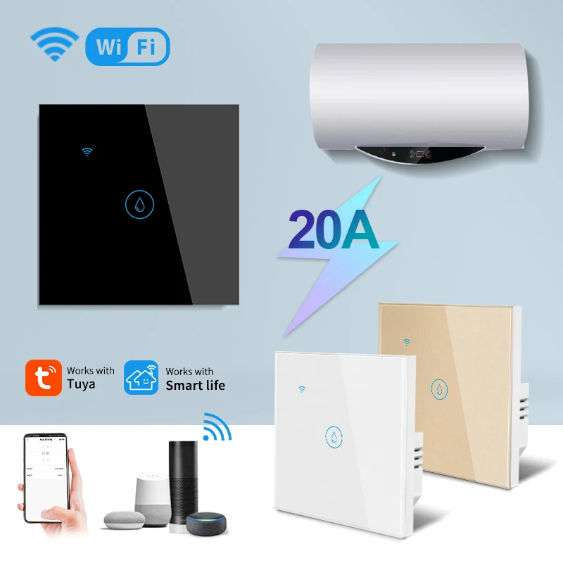 Inteligente wi fi Toque Interruptor de Aquecedor Água Tuya Vida Inteligente App Temporizador Google Casa Alexa Controle Voz Painel Vidro Parede Interruptor Alimentação 20a