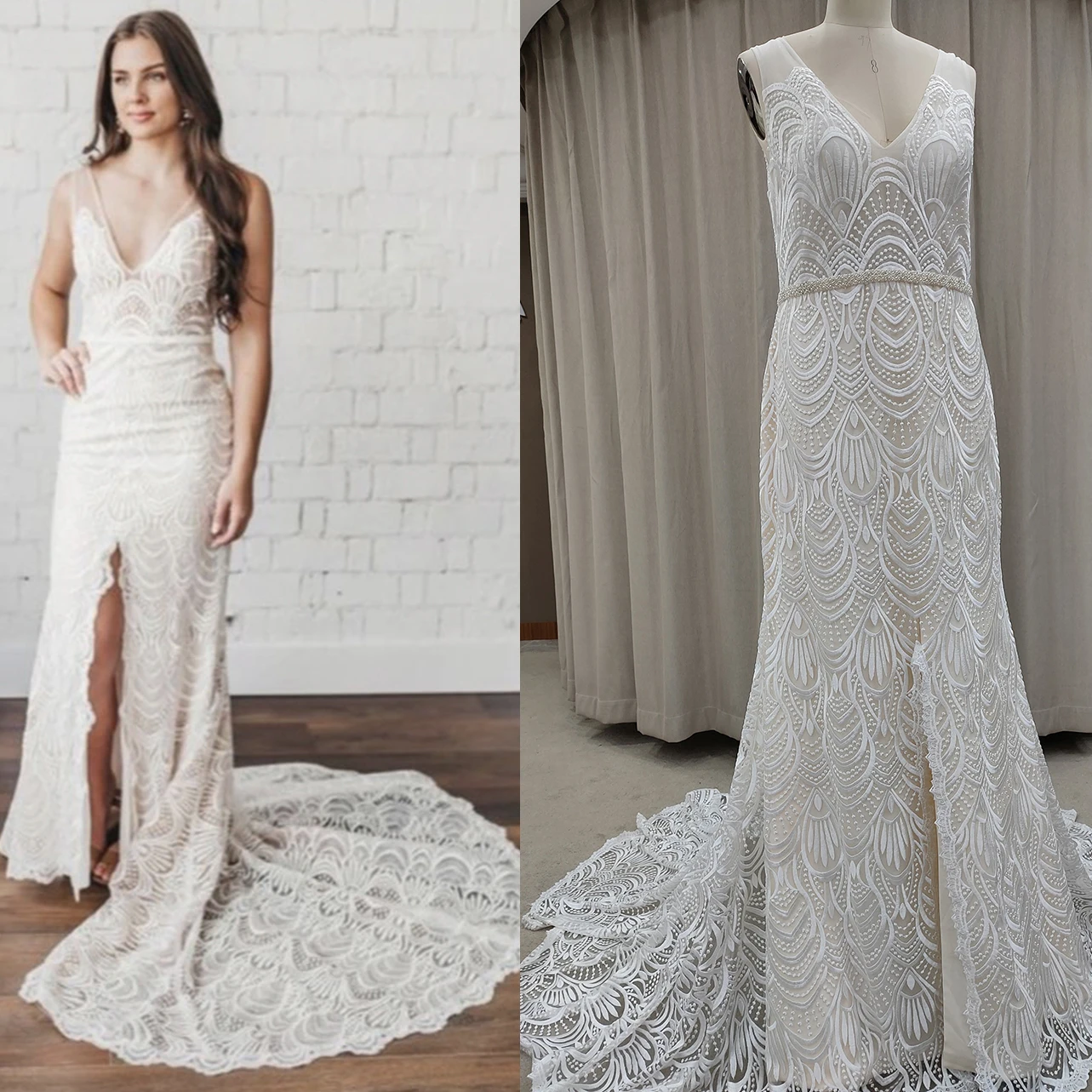 Outdoor Boho Lace V Neck Wedding Dress Sleeveless 2021 Backless Low Slit Custom Made Plus Size Beading Sash Bridal Gown 10079 | Свадьбы и