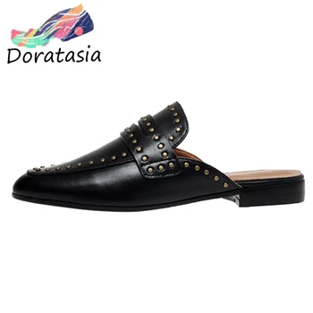 

DORATASIA New Ladies Street Punk Rivet Mules Elegant Genuine Leather Mules Women Daily Casual slip-on Low Heel Shoes Woman