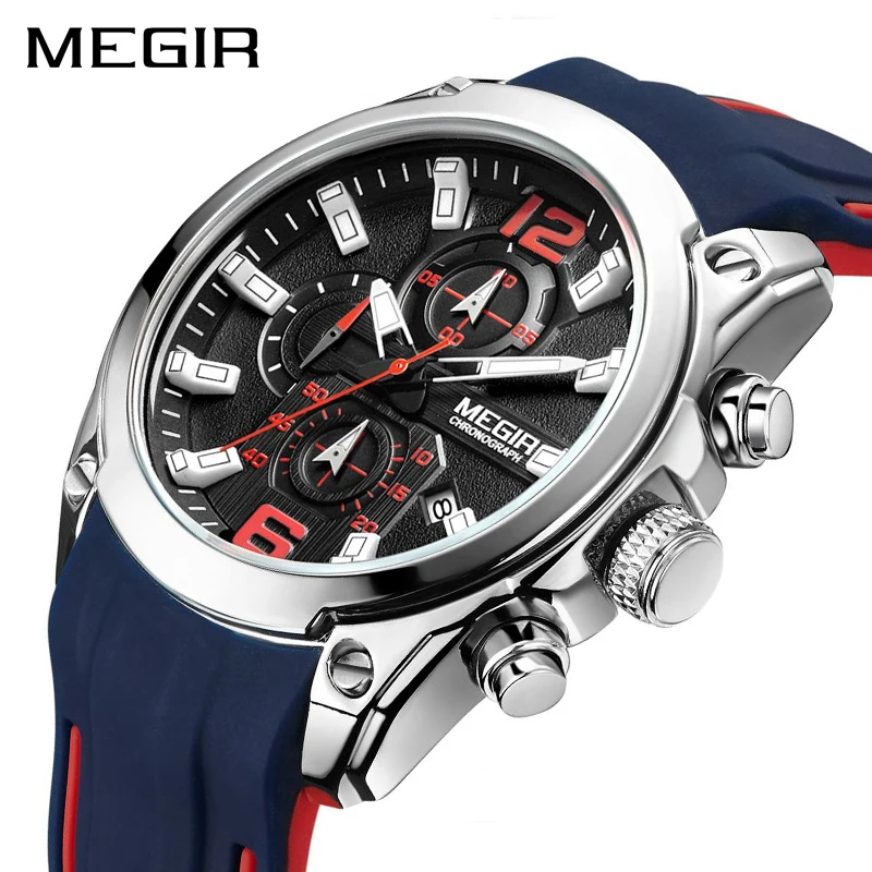 

MEGIR Sport Watch Men Blue Silicone Chronograph Quartz Man Watches Clock Luxury Brand Wristwatch Mens Relogio Masculino Reloj