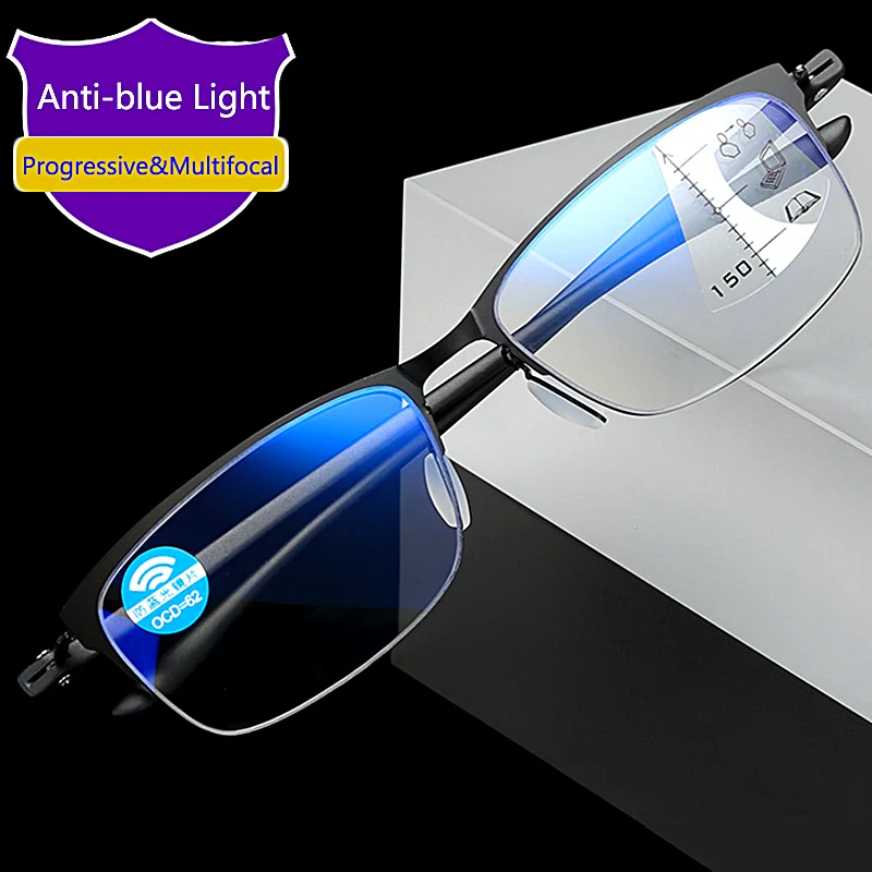 Tr90 Ultralight Progressive Multifocal Reading Glasses Men Womens Anti Blue Ray Presbyopic Glasses Half Rim Titanium Alloy