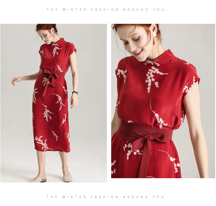 Women Belted Dress 100%Real Silk Crepe Red Printed Dresses Stand Collar New Dresses for Women