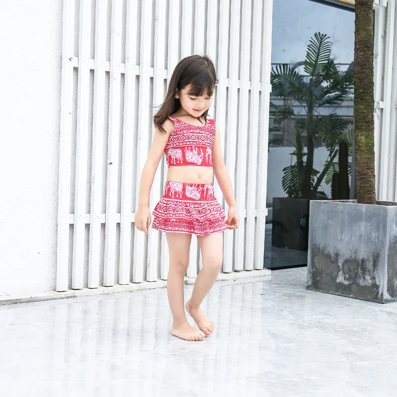 

Elephant Printed Girls Split Type Two Piece Set Bathing Suit Ethnic-Style CHILDREN'S Swimsuit Kids Young Children High Waist Ski