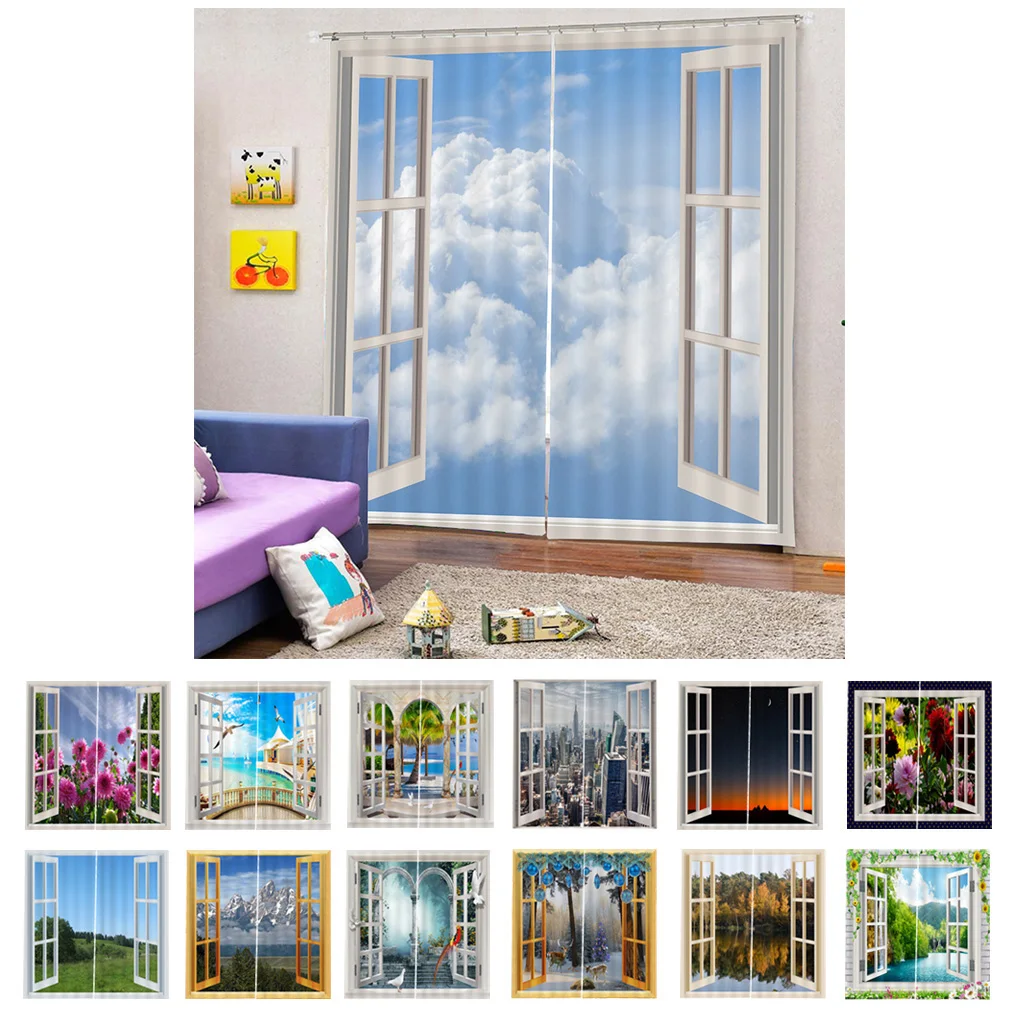 

2Pcs Landscape Scenery Window Door Curtains Blinds 3D Printed Decoration for Window Home Hotel Office Ornament
