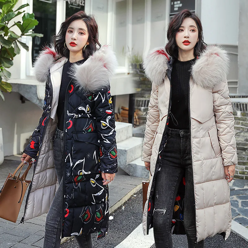 

Winter Jacket Women Down Cotton Coats Padded Slim Parka Long Female Jacket Large Fur Hooded Warm Clothes 923