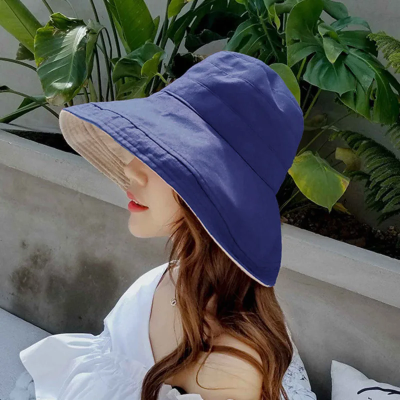 LANMREM Summer New Casual Fashion Temperament Women Loose Plus Sweet Solid Color Double-sided With Big Beach Hat TC583