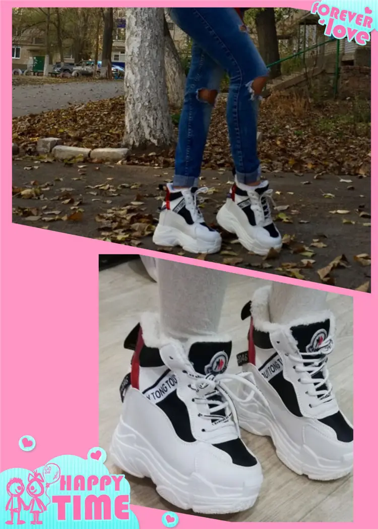 Женские кроссовки на не сужающемся книзу массивном каблуке 11 см; женская обувь на танкетке, визуально увеличивающая рост; зимняя теплая плюшевая женская обувь на платформе с высоким берцем