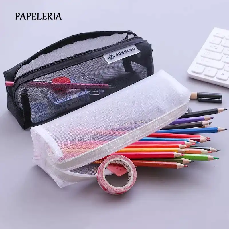 かわいいかわいい無地透明メッシュペンケース学校学生用品黒ペンバッグ文房具収納袋 Pencil Bags Aliexpress