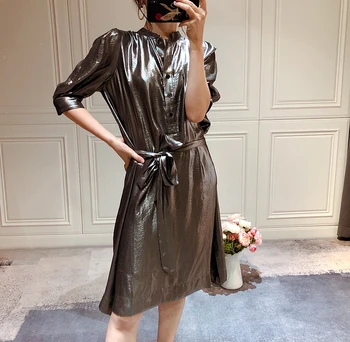 

Women Dress 2019 New Technology Style Silver Shiny Fabric Adjustable Stand Collar Mini Dress