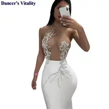 Блестящий горный хрусталь сексуальный высокоэластичный без рукавов сетка перспектива сексуальная одежда певица танцор цельный вечерние платья
