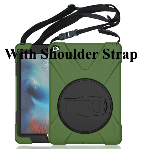 army green Чехол для iPad Air 2 iPad 6 A1566, A1567 9,7 дюймов, прочная сверхмощная Противоударная вращающаяся подставка защитный чехол+ плечевой ремень - Цвет: army green