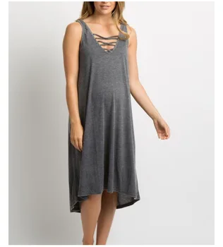 

New summer leisure and comfort pregnant women's wear solid color cotton suspenders V-neck big swing maternity dress