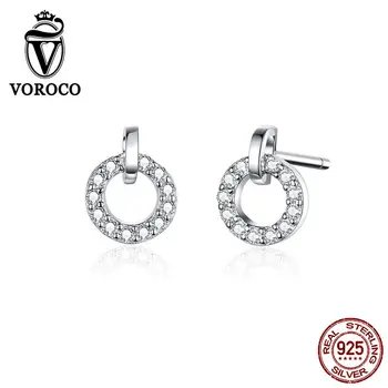 

VOROCO Real 925 Sterling Silver Stud Earrings Circle Round Stylish Zircon Clear CZ Earrings Minimalist Women Jewelry BKE767
