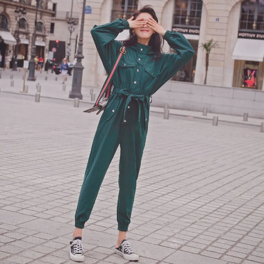 

Photo Shoot CHIC Retro Green Single Breasted Hooded Long Sleeve Onesie Women's Waist Hugging Lace-up Workwear Closing Harem Pant