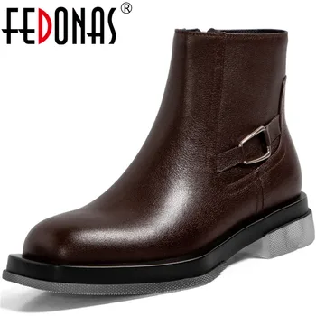 

FEDONAS Concise Metal Decoration Ankle Boots Fall 2021 Genuine Leather Low Heels Shoes Woman Working Party Winter Boots Heels