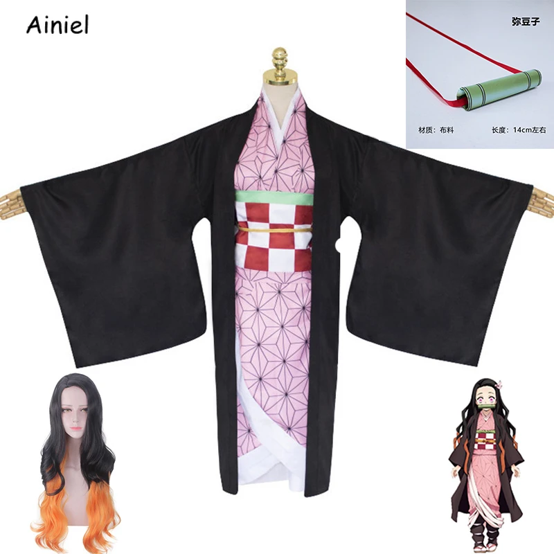 

Women Girls Anime Demon Slayer Kimetsu no Yaiba Cosplay Costume Kamado Nezuko Kimono Dress Uniform Long Wigs Synthetic Hair Wigs