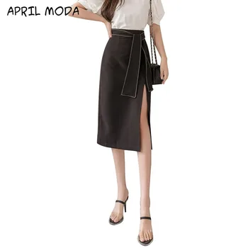 

Spring Summer New 2020 Korean OL Elegant Pencil Midi Skirts Sashes Chic High Waist Front Split Sheath Wrap Skirts Female