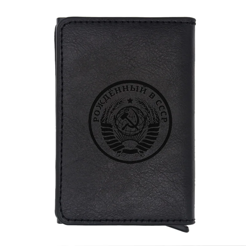 BC142-Black Classic USSR Soviet Badges Sickle Hammer Rfid Card Holder Men Wallets CCCP Russia Emblem Communism Black Leather Short Purse - Цвет: BC142-Black