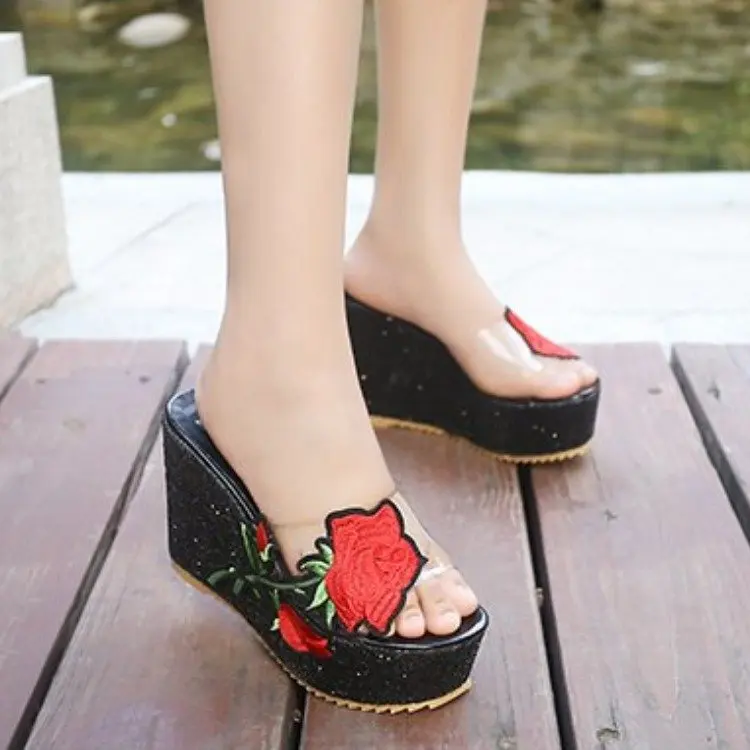 

Thick Bottomed Slanted Heel Sandals Ultra-High-Heel Waterproof Platform Transparent Crystal Fish Mouth WOMEN'S Shoes Sale