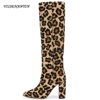 

Large Size Thick Heel High Boots Pointed Toe Knee Catwalk Boots Snake Leopard Crocodile Pattern Sleeve Women Boots Knight Shoes