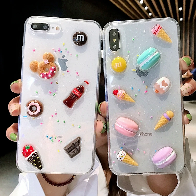 

3D Cute Clear Macarons Cake Ice Cream Case For iPhone X Case XR XS MAX 7 8 6Plus Lovely Transparent Soft Silicone Glitter Cover