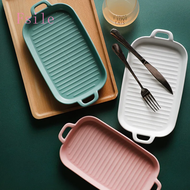 

FSILE Nordic Matte Glaze Ceramic Dish Rectangular Household Tableware Fruit Dish Western Dish Steak Dish Double Ear Baking Dish