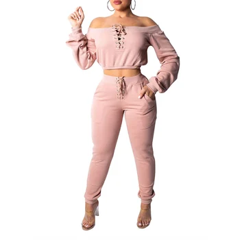 

Women's Cropped Top, Lace-up Pants, Long Sleeve Boat Collar Elastic Shirt, Sports Slimming Side Pocket Trousers