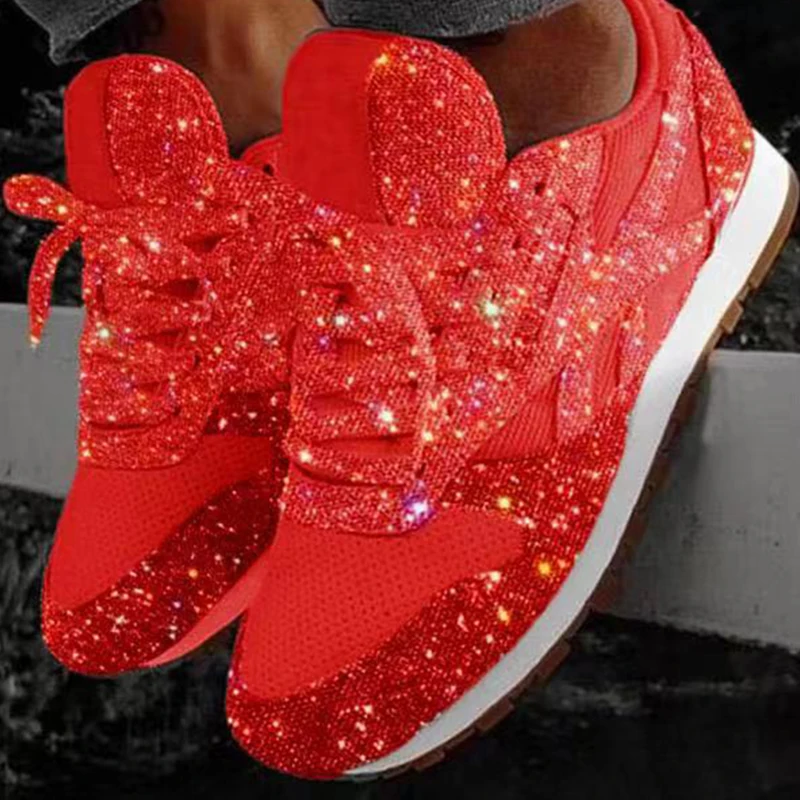 Rimocy/женские кроссовки на массивной платформе; блестящие женские туфли на плоской подошве со шнуровкой; коллекция года; сезон осень; повседневная обувь для бега; Zapatos De Mujer - Цвет: Красный
