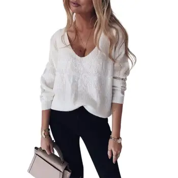 

Fashion Casual Sexy V Neck Women Pullover Tops Long Sleeve Comfortable Solid Color Lace Splicing Polyester Fiber Sweater